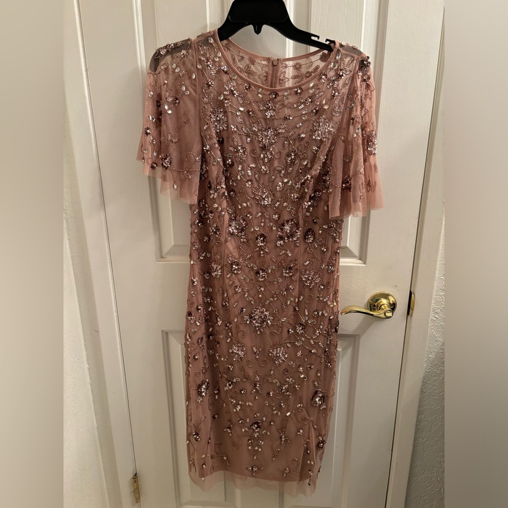 Adrianna Papell Beaded Sheath Dress Women's Size 4 Rose Gold